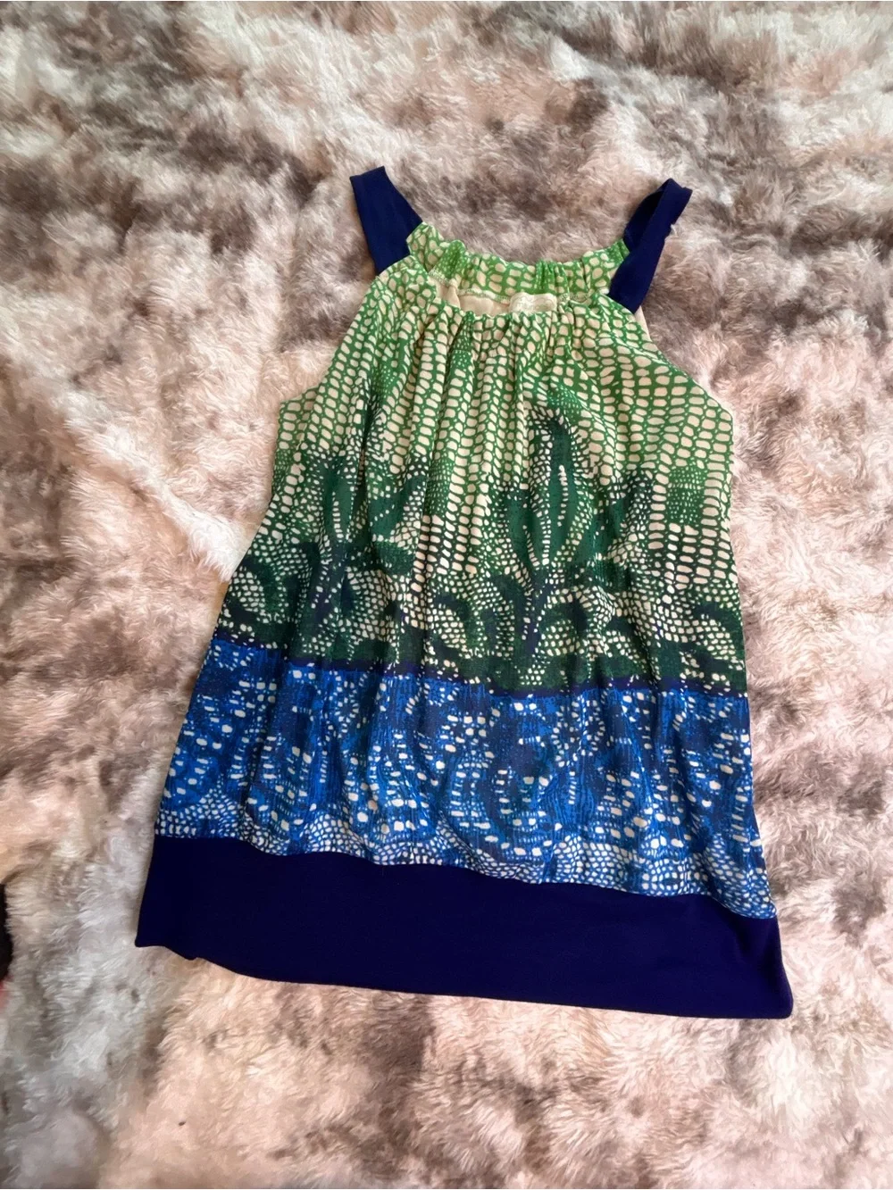 Maurices Green and Blue Printed Halter Tank with Navy Trim